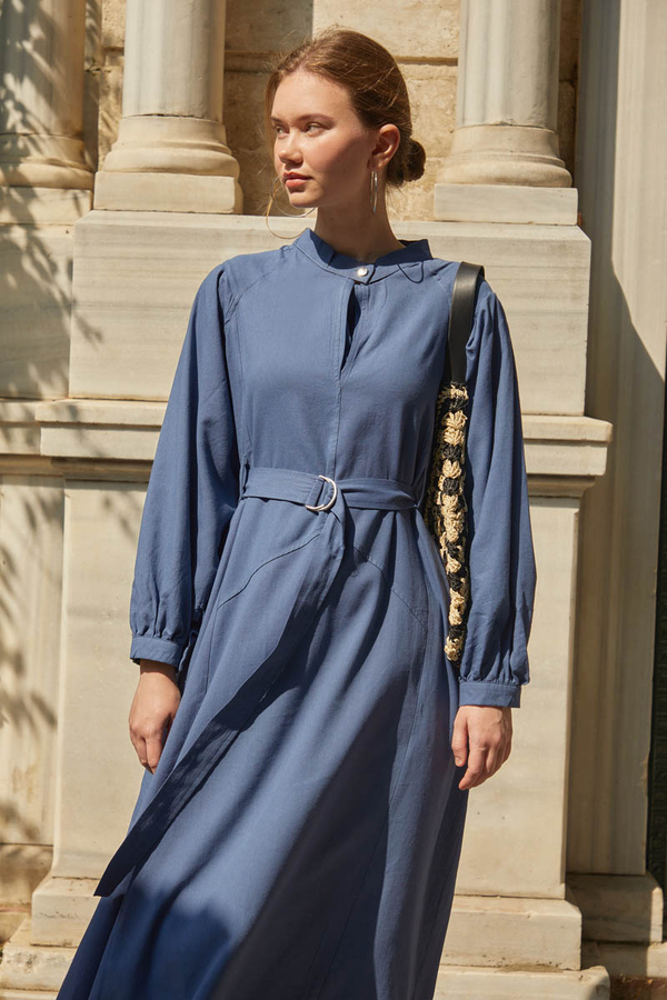 Mandarin Collar Sewn Linen Dress Indigo - 7