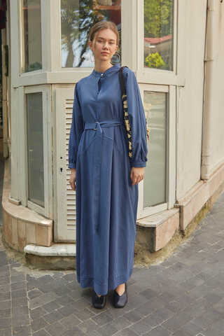 Mandarin Collar Sewn Linen Dress Indigo - 8