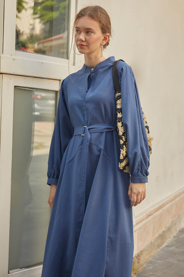 Mandarin Collar Sewn Linen Dress Indigo - 9