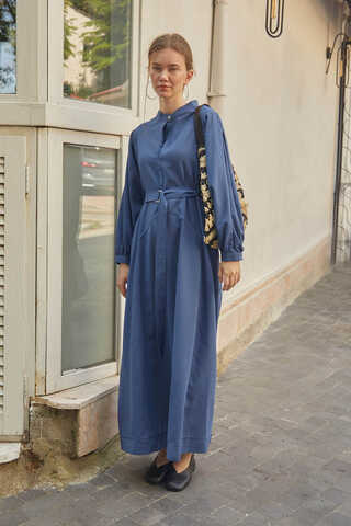 Mandarin Collar Sewn Linen Dress Indigo - 10