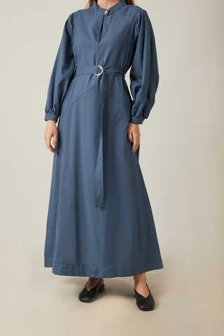 Mandarin Collar Sewn Linen Dress Indigo - 12