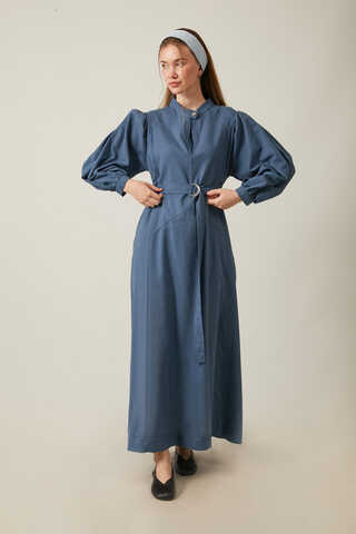 Mandarin Collar Sewn Linen Dress Indigo - 13