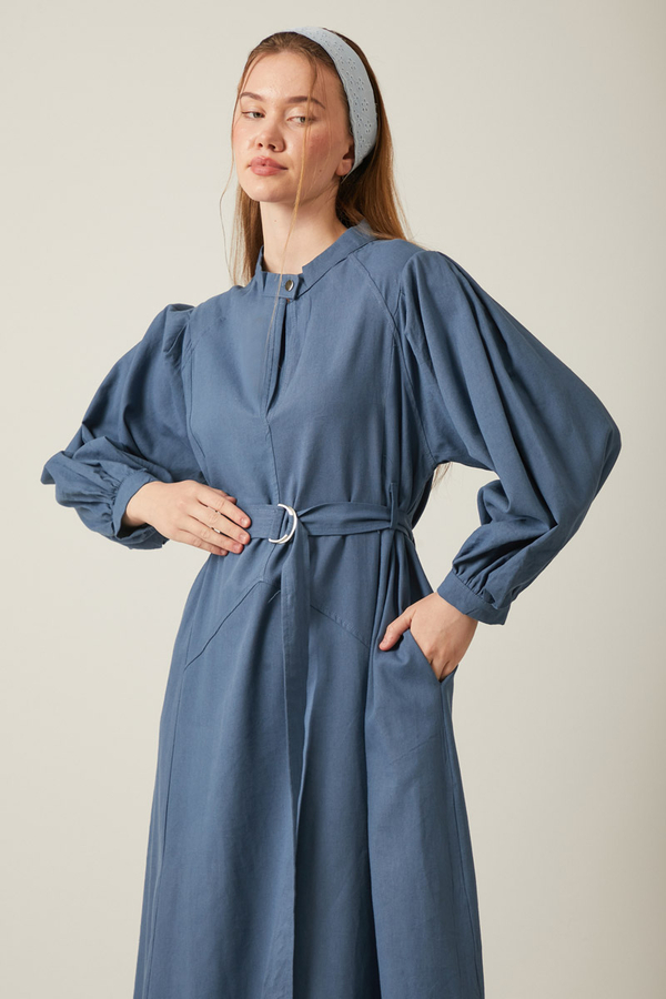 Mandarin Collar Sewn Linen Dress Indigo - 14