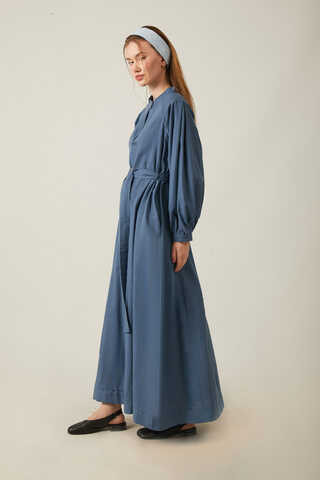 Mandarin Collar Sewn Linen Dress Indigo - 15