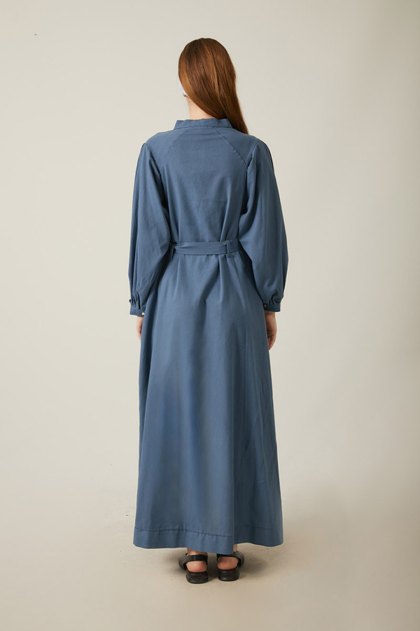 Mandarin Collar Sewn Linen Dress Indigo - 16