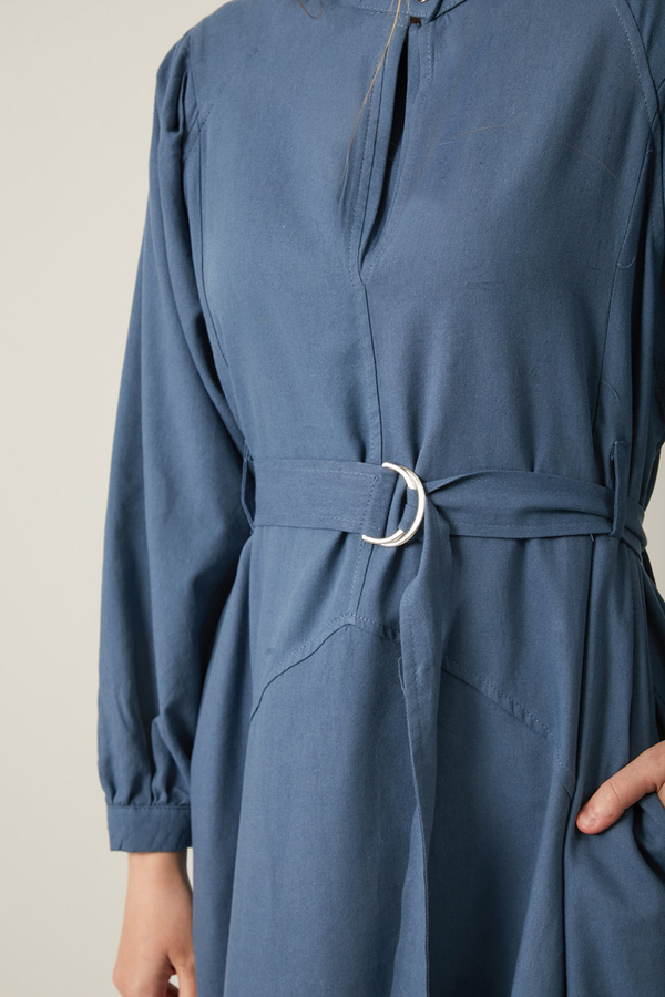 Mandarin Collar Sewn Linen Dress Indigo - 17