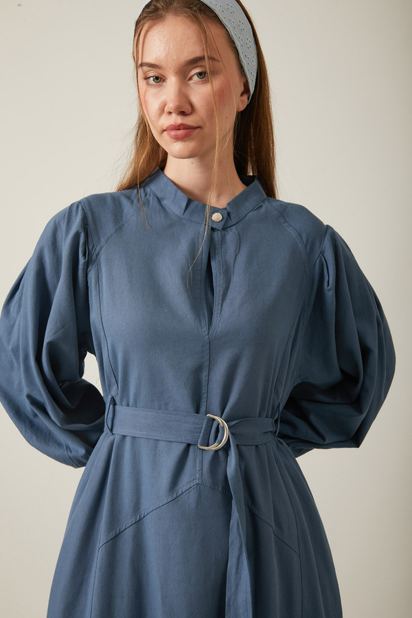 Mandarin Collar Sewn Linen Dress Indigo - 18