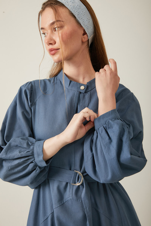 Mandarin Collar Sewn Linen Dress Indigo - 19
