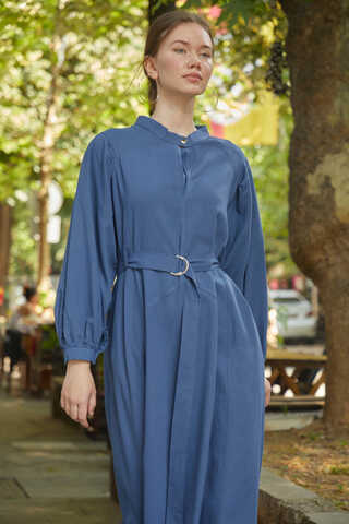 Mandarin Collar Sewn Linen Dress Indigo - 1