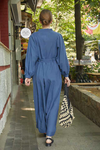 Mandarin Collar Sewn Linen Dress Indigo - 11