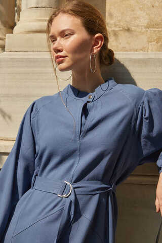 Mandarin Collar Sewn Linen Dress Indigo - 5