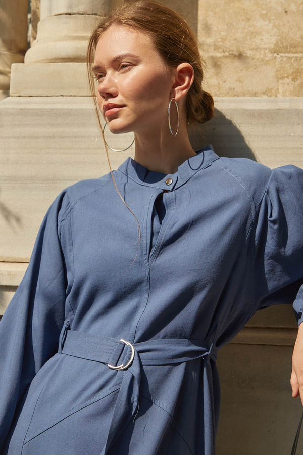 Mandarin Collar Sewn Linen Dress Indigo - 5