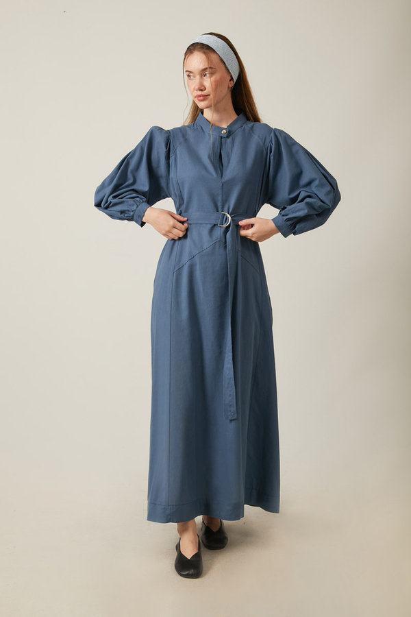 Mandarin Collar Sewn Linen Dress Indigo - 13