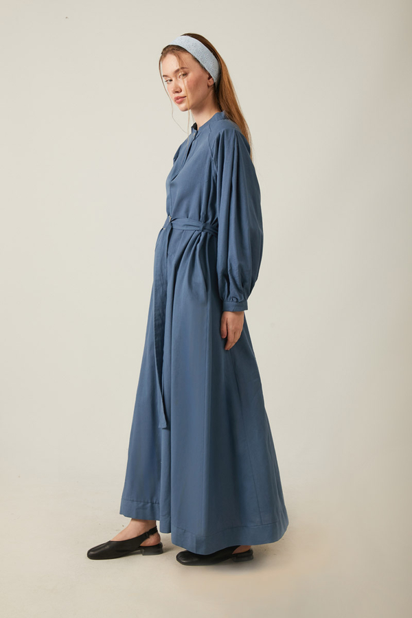 Mandarin Collar Sewn Linen Dress Indigo - 15