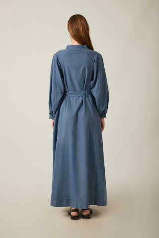 Mandarin Collar Sewn Linen Dress Indigo - 16