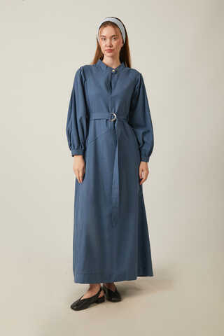 Mandarin Collar Sewn Linen Dress Indigo - 20
