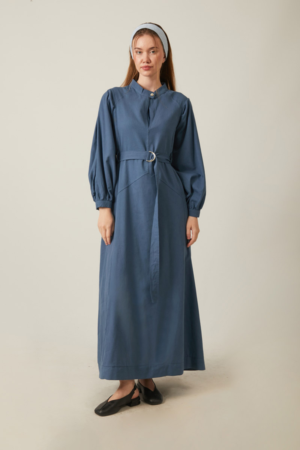 Mandarin Collar Sewn Linen Dress Indigo - 20