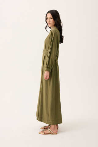 Mandarin Collar Sewn Linen Dress Khaki - 3