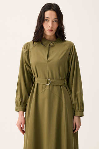 Mandarin Collar Sewn Linen Dress Khaki - 6
