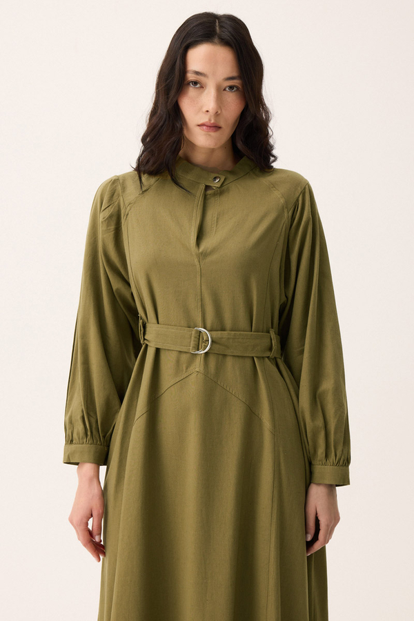Mandarin Collar Sewn Linen Dress Khaki - 6