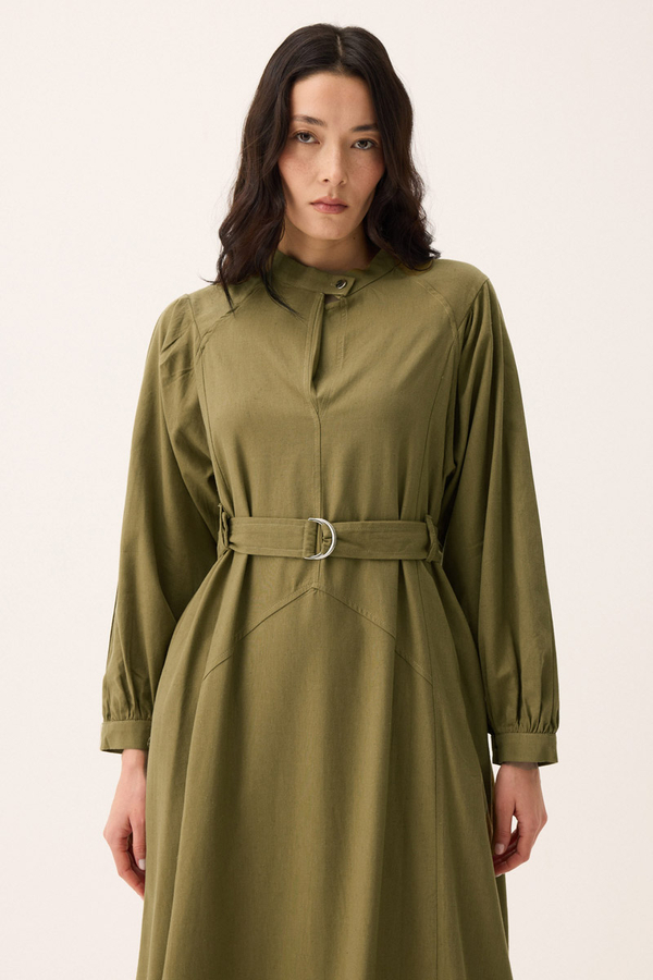Mandarin Collar Sewn Linen Dress Khaki - 7