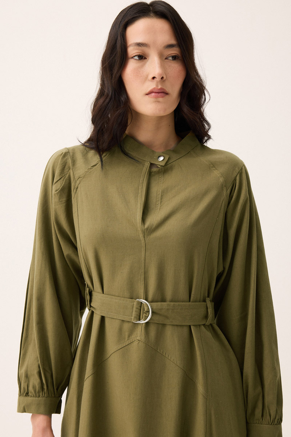 Mandarin Collar Sewn Linen Dress Khaki - 8