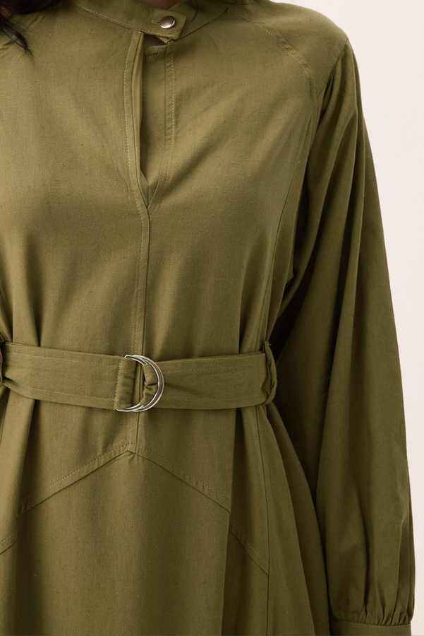 Mandarin Collar Sewn Linen Dress Khaki - 9