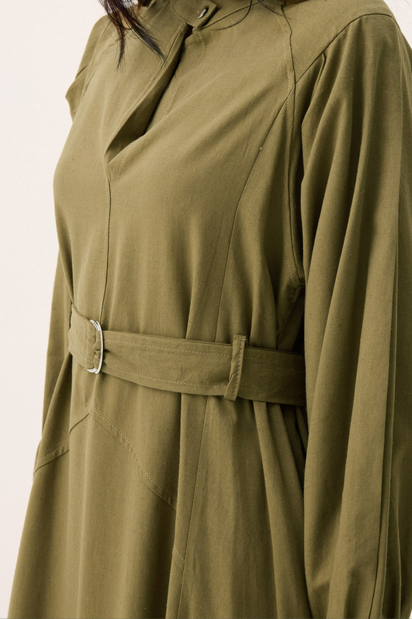 Mandarin Collar Sewn Linen Dress Khaki - 10