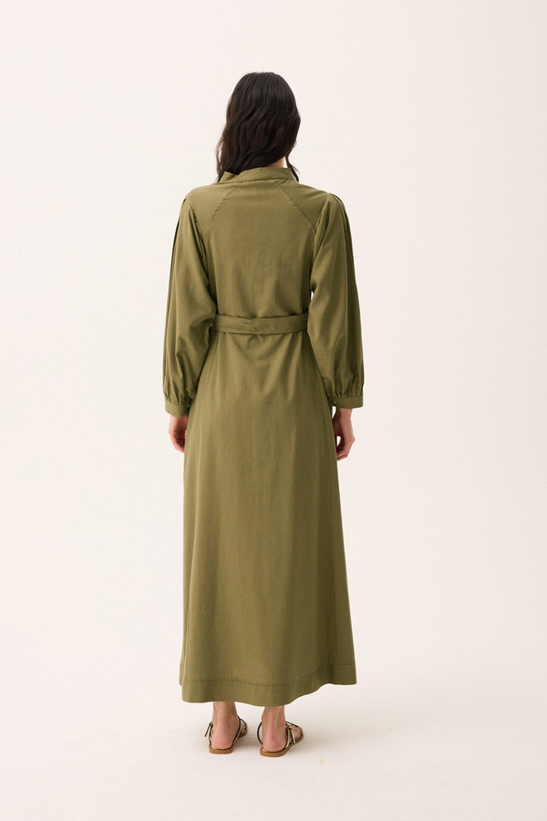 Mandarin Collar Sewn Linen Dress Khaki - 13