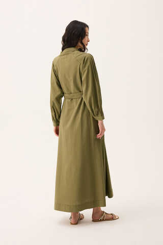 Mandarin Collar Sewn Linen Dress Khaki - 14