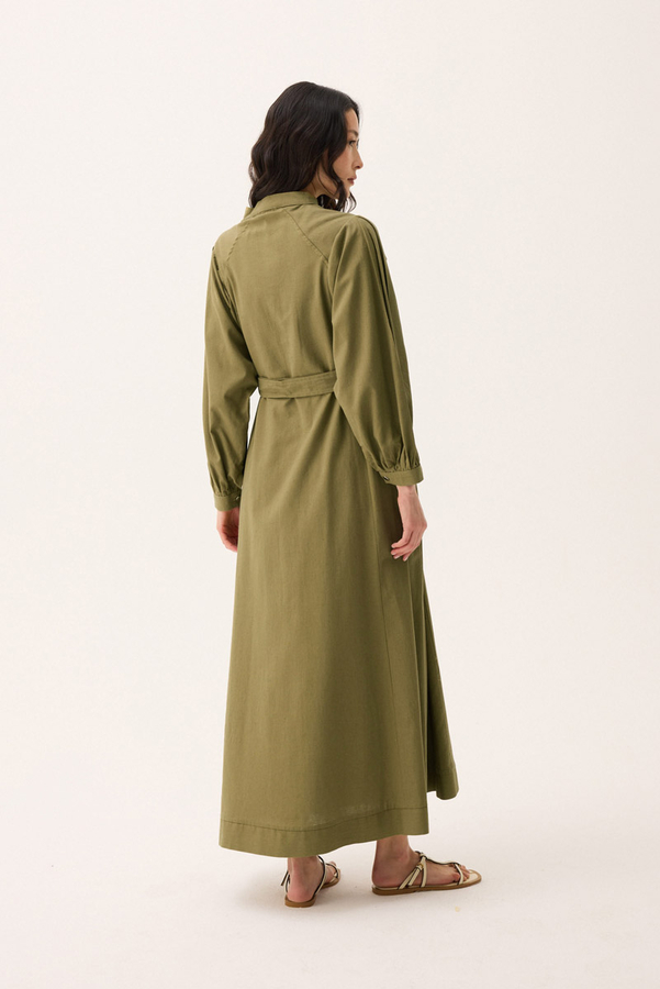 Mandarin Collar Sewn Linen Dress Khaki - 14