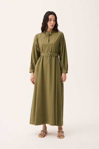 Mandarin Collar Sewn Linen Dress Khaki - 2
