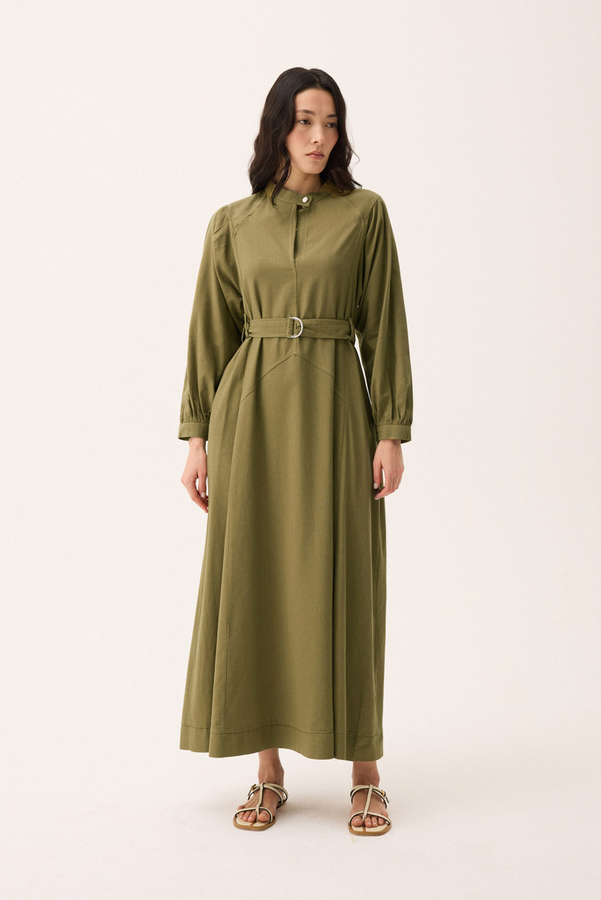 Mandarin Collar Sewn Linen Dress Khaki - 2