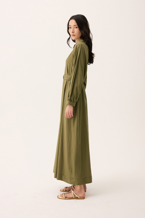 Mandarin Collar Sewn Linen Dress Khaki - 3