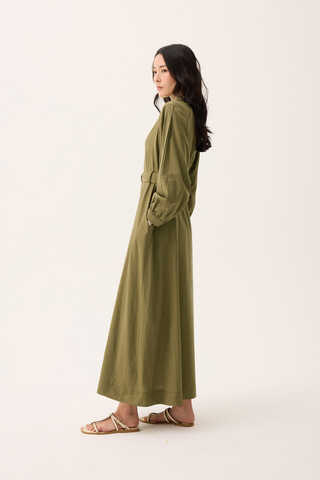 Mandarin Collar Sewn Linen Dress Khaki - 4