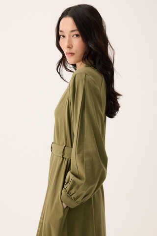 Mandarin Collar Sewn Linen Dress Khaki - 5