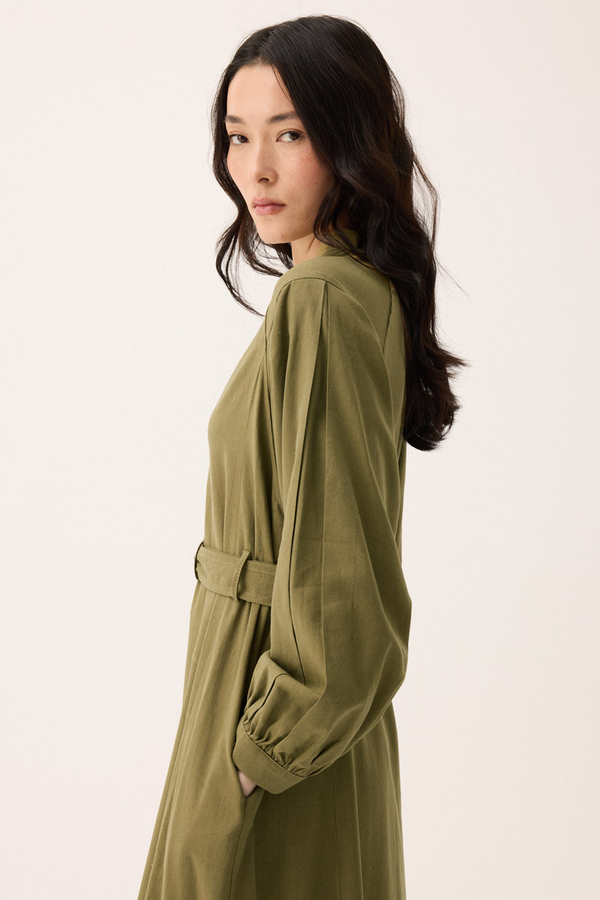 Mandarin Collar Sewn Linen Dress Khaki - 5