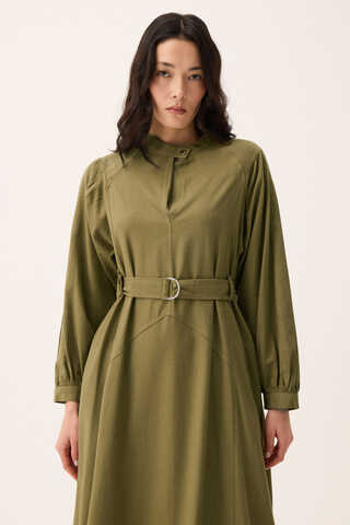 Mandarin Collar Sewn Linen Dress Khaki - 7