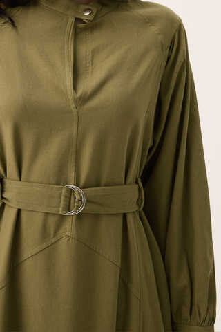 Mandarin Collar Sewn Linen Dress Khaki - 9