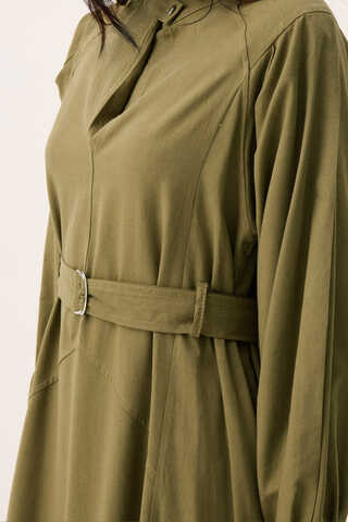 Mandarin Collar Sewn Linen Dress Khaki - 10