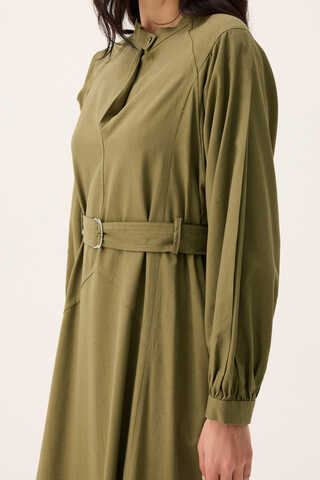 Mandarin Collar Sewn Linen Dress Khaki - 11