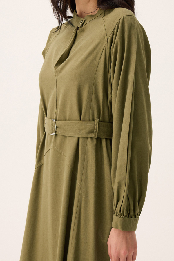 Mandarin Collar Sewn Linen Dress Khaki - 11