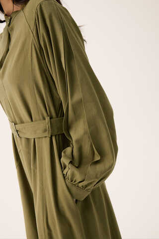 Mandarin Collar Sewn Linen Dress Khaki - 12