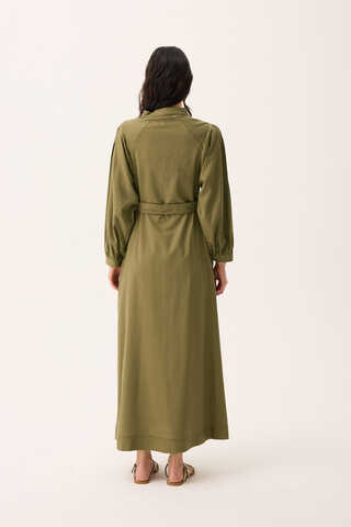Mandarin Collar Sewn Linen Dress Khaki - 13