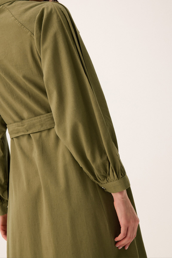 Mandarin Collar Sewn Linen Dress Khaki - 15