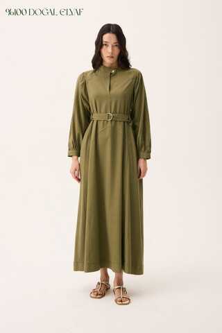 Mandarin Collar Sewn Linen Dress Khaki - 1