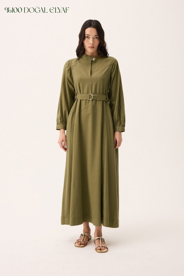 Mandarin Collar Sewn Linen Dress Khaki - 1