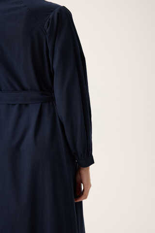 Mandarin Collar Sewn Linen Dress Navy Blue - 12