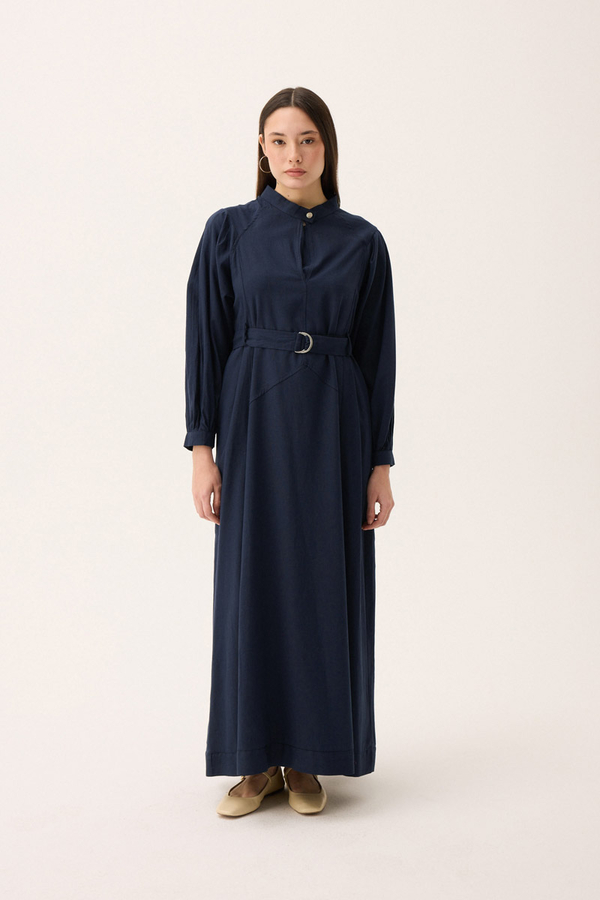 Mandarin Collar Sewn Linen Dress Navy Blue - 4