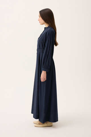 Mandarin Collar Sewn Linen Dress Navy Blue - 5